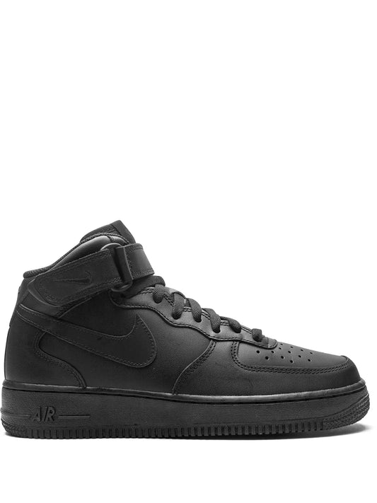 Black mid-top sneakers with ankle strap, Nike swoosh on side