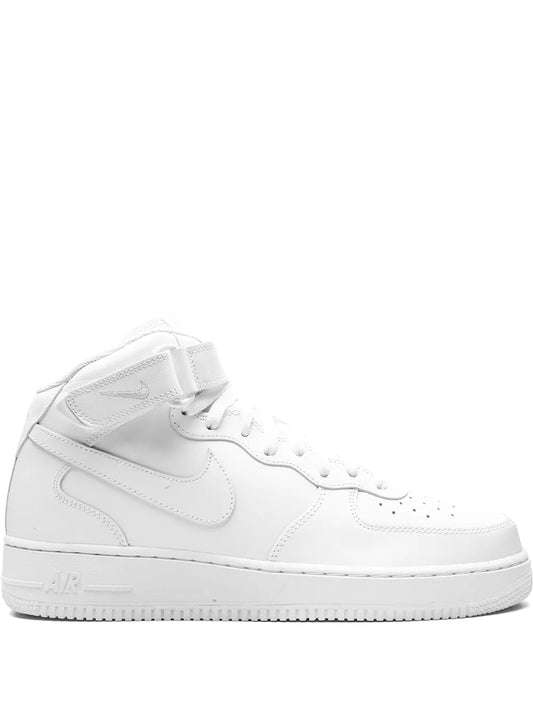 White Nike Air Force 1 Mid '07 high-top sneaker, side profile and lace-up