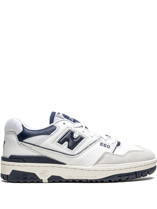 New Balance 550 white low-top sneaker with navy logo and lace-up