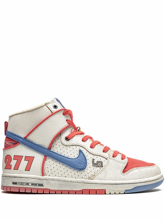 Nike SB Dunk High high-top skate shoes in cream with red laces, blue swoosh, 271 patch