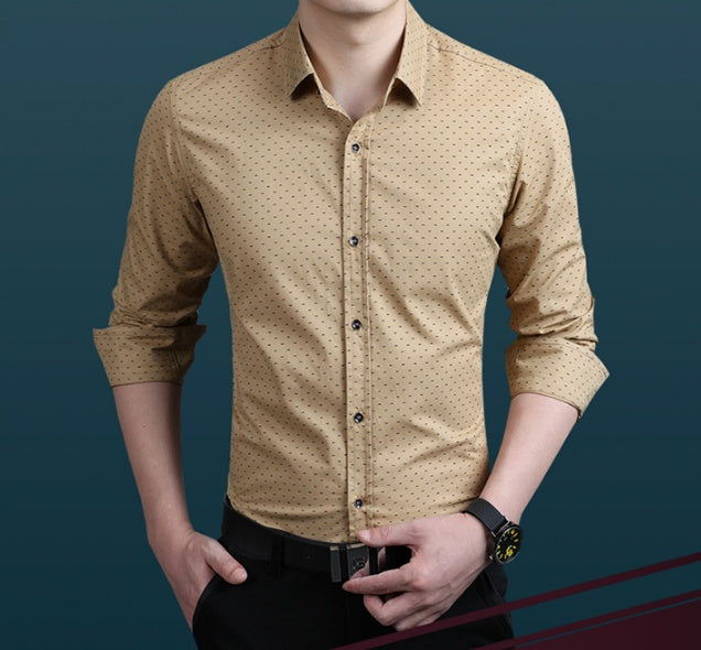 Men's khaki/beige dress shirt with small dotted pattern, button-down collar, 3/4 sleeves