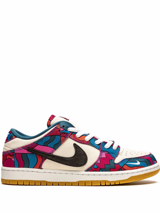 Nike Dunk Low SB low-top sneaker with multicolor graffiti upper, black swoosh, gum sole