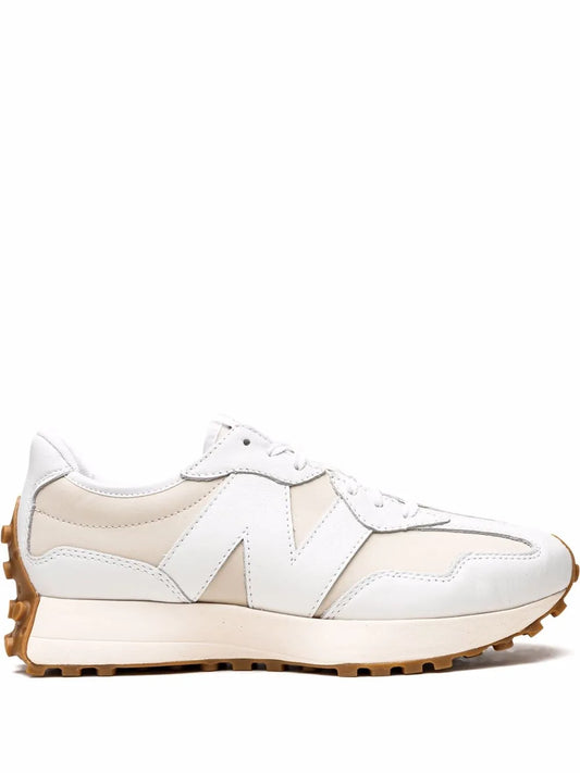 White and beige low-top sneaker with gum outsole and side panels