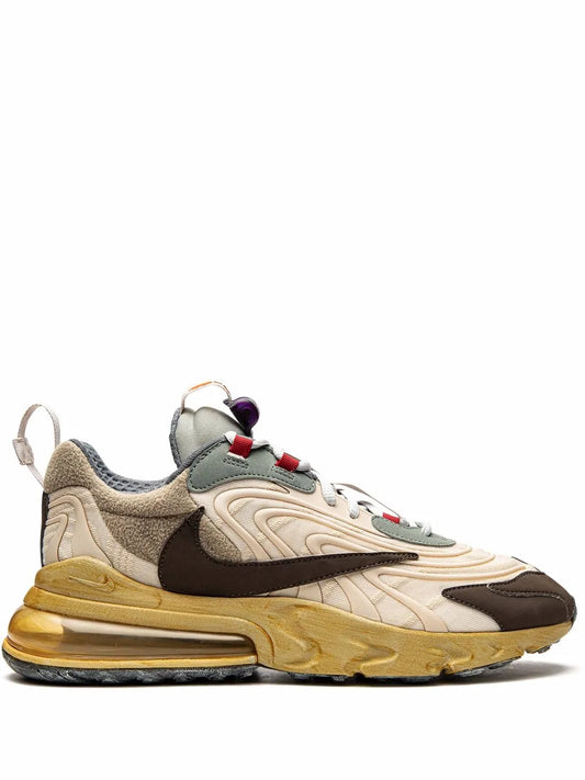 Nike x Travis Scott Air Max 270 sneakers, cream and brown, yellow outsole, red lace accents