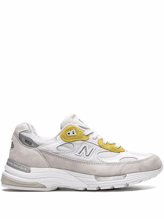 New Balance 992 low-top sneakers, white with gray suede and yellow accents