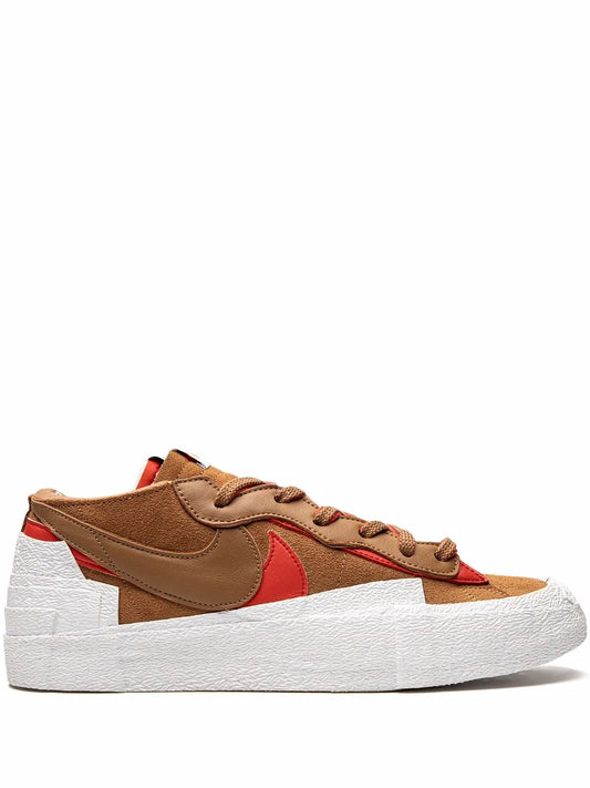 Beige low-top lace-up sneakers with red swoosh and white platform sole