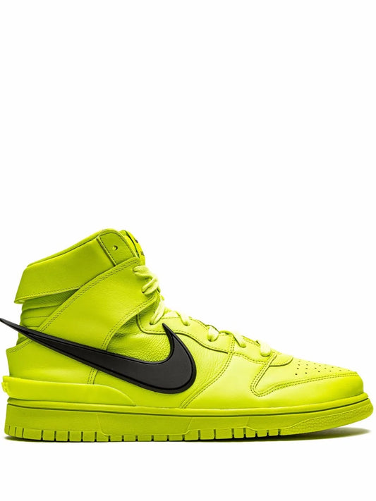 Neon green high-top sneakers with black swoosh and lace-up front, padded collar