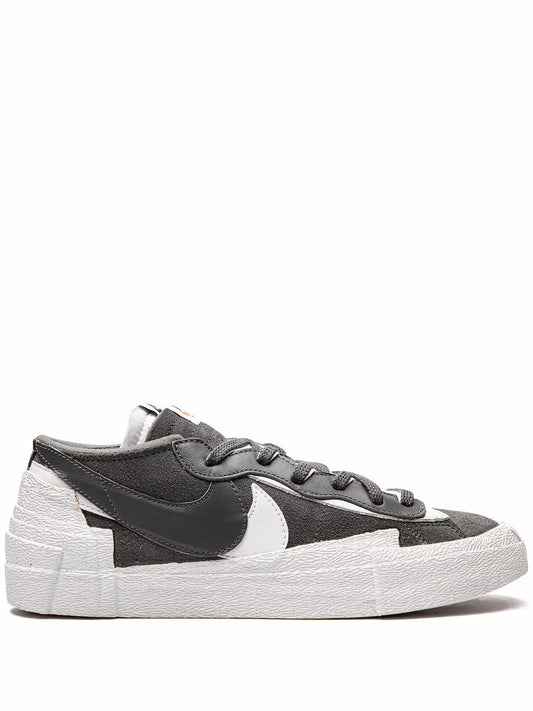 Low-top Nike x Sacai Blazer sneakers in grey, black, and white, with side swoosh