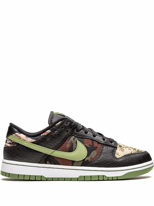 Nike Dunk Low low-top sneakers, black with camo panels, neon green Swoosh and sole