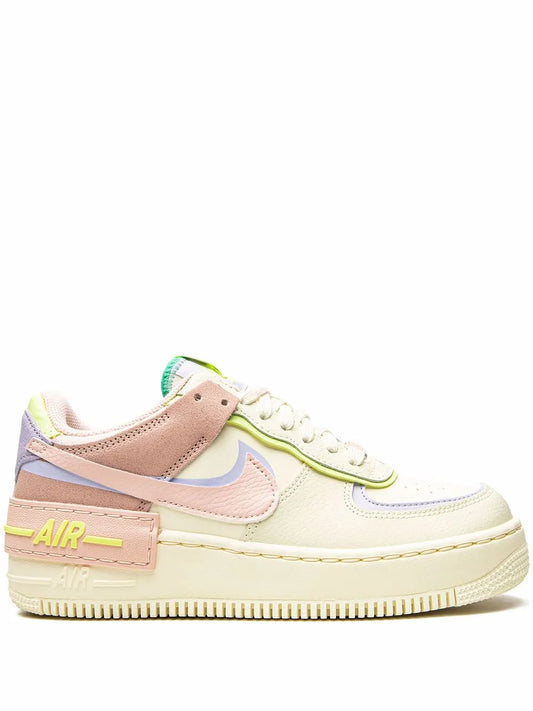 Nike Air Force 1 Shadow sneaker, tan and white with pastel blue and neon green details