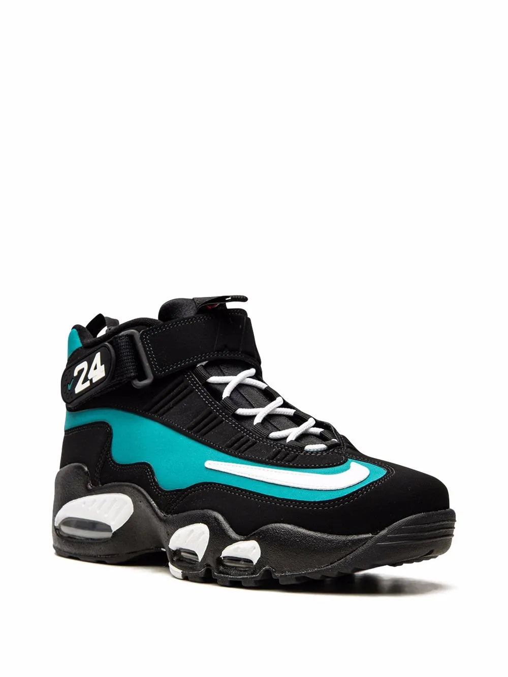 High-top sneaker in black with teal upper, white swoosh, lace-up and 24 strap