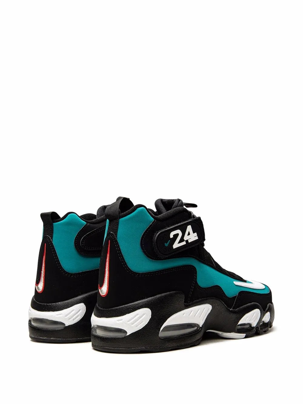 Pair of high-top sneakers, black with teal panels, white midsoles, and red heel accents