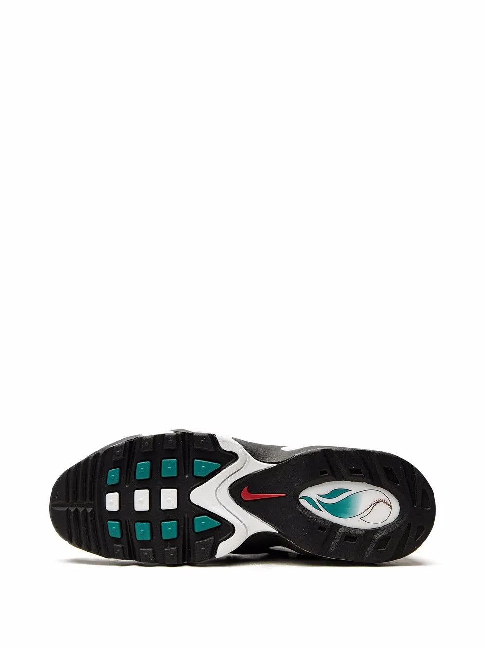 Black rubber outsole with teal traction pods and red-and-white swoosh logo