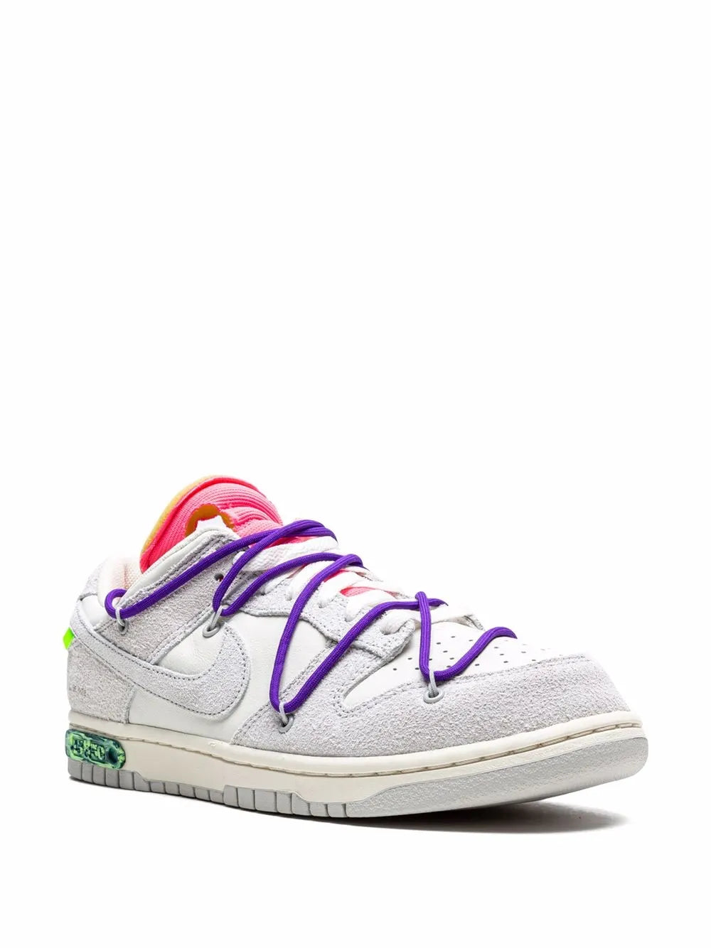 Light gray low-top sneaker with purple lace-up, green accent logo, and cream midsole