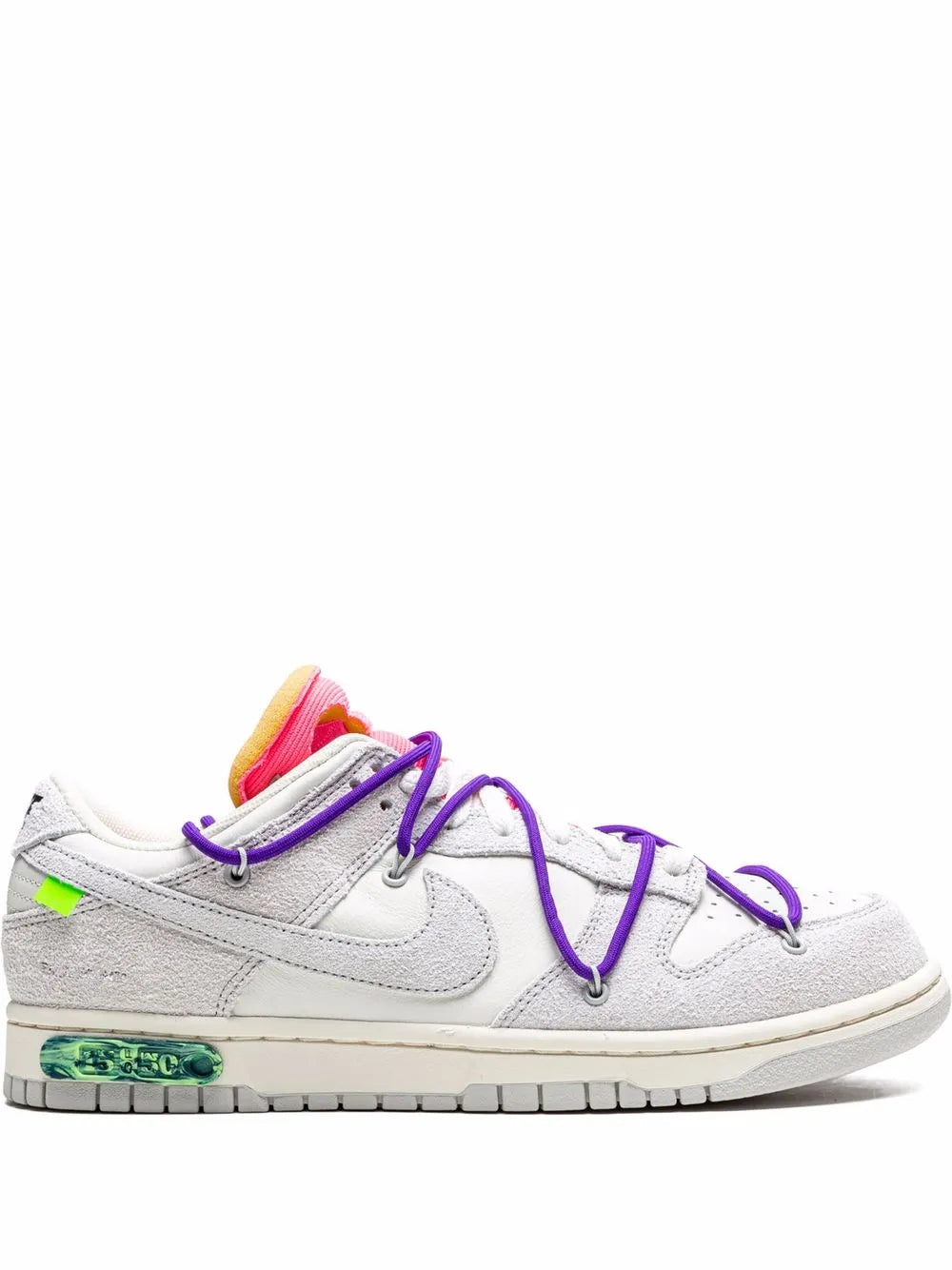 Light gray low-top sneaker with purple laces, green logo patch, and off-white sole