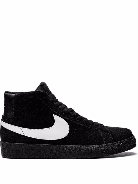 Nike black mid-top sneaker with white swoosh and lace-up front