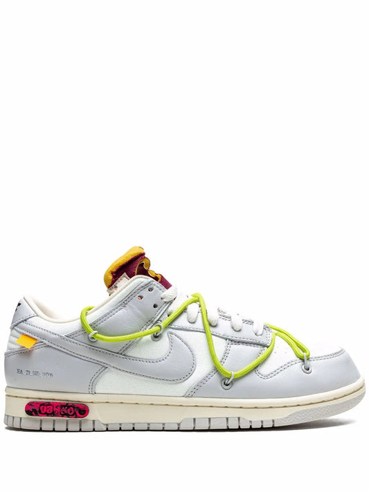 Nike x Off-White Dunk Low sneakers in light gray with neon green laces and maroon heel