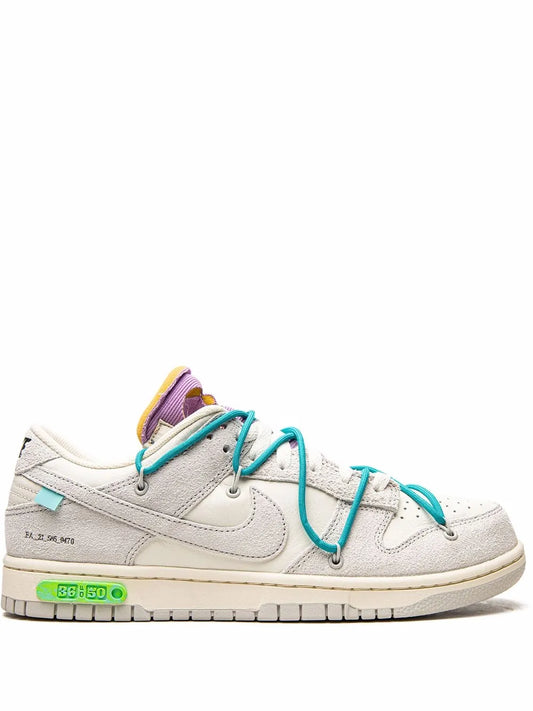 Nike Off-White Dunk Low, light upper with teal laces and purple collar