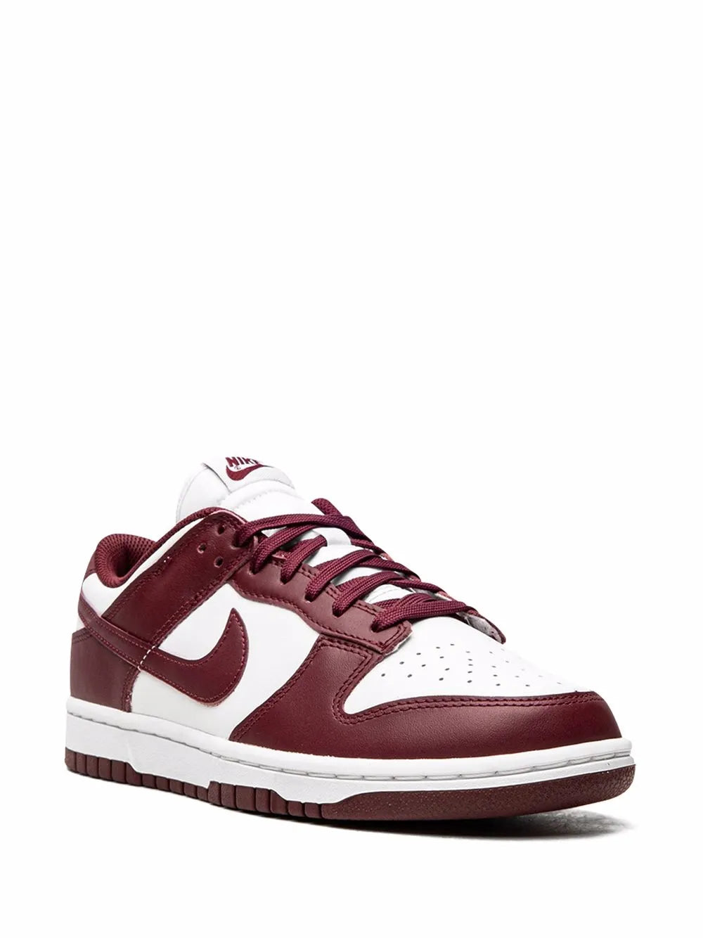 White and burgundy low-top sneaker with lace-up front and swoosh logo