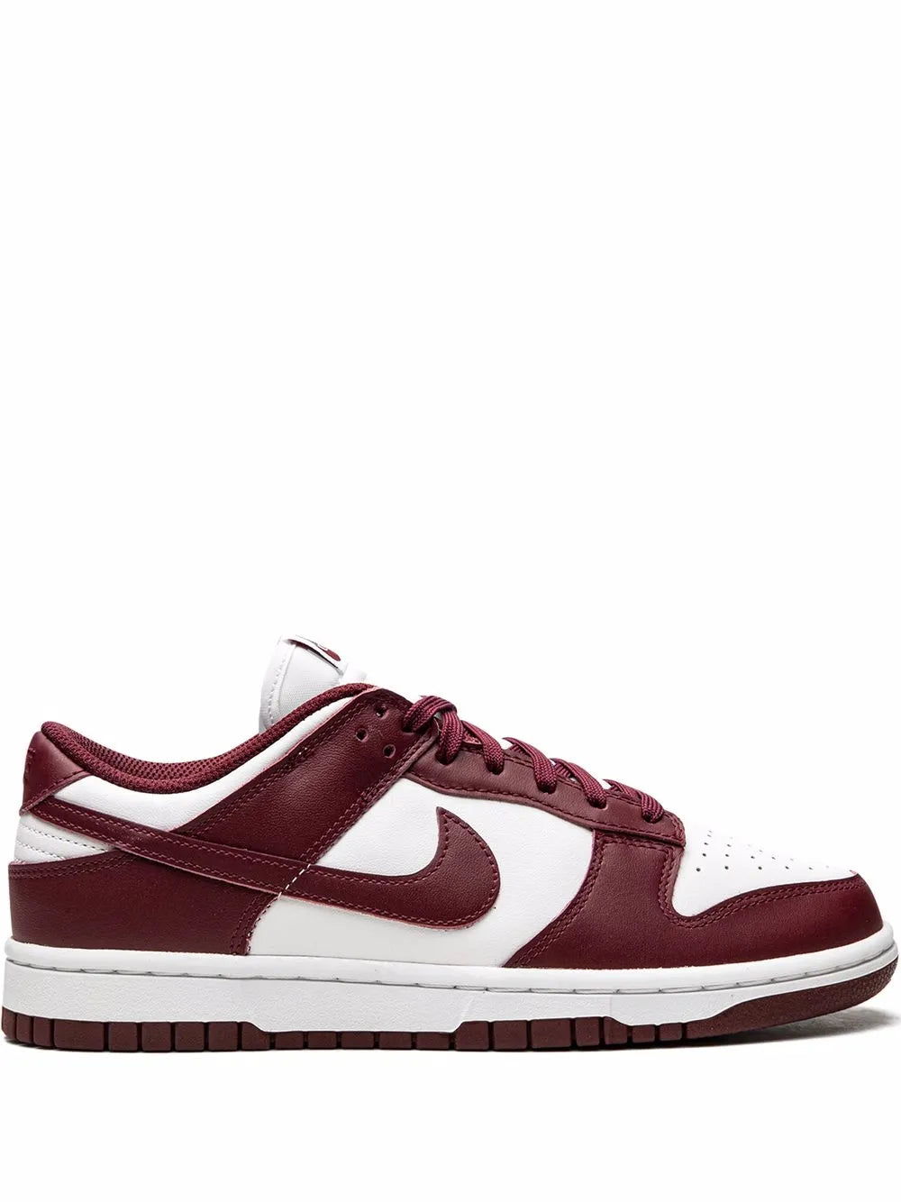 Low-top sneaker in white and deep burgundy with white swoosh and burgundy laces