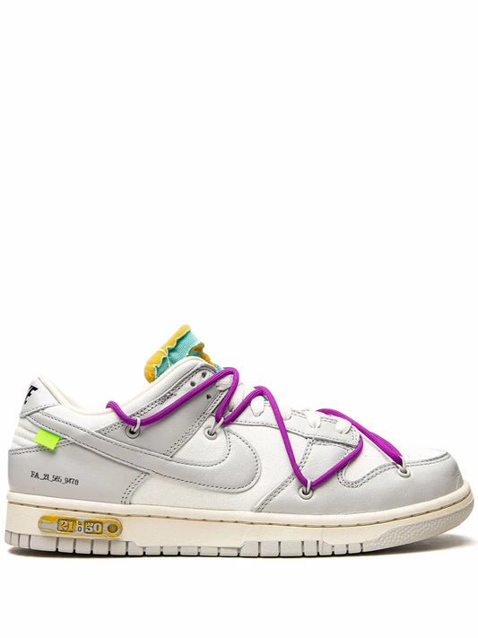 Nike x Off-White Dunk Low sneakers in white with purple laces and yellow lining