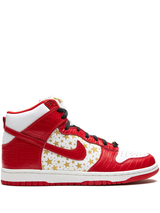 Nike x Supreme SB Dunk High Pro high-top sneakers in red, white, and black