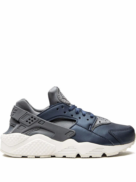 Nike Air Huarache sneaker, navy and grey with white sole, lace-up and textured panels