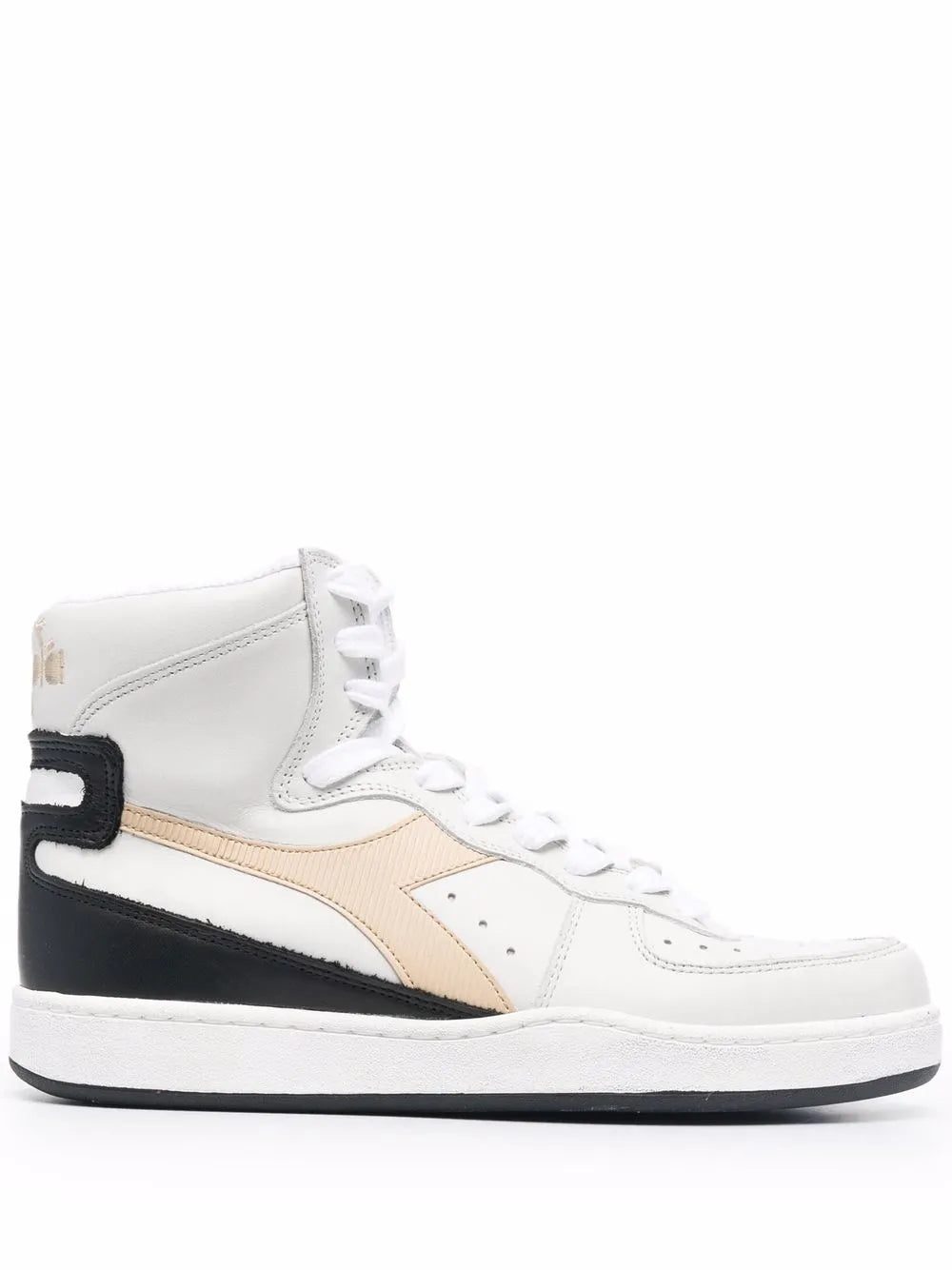Beige, white and black high-top sneakers with lace-up front and side logo patch