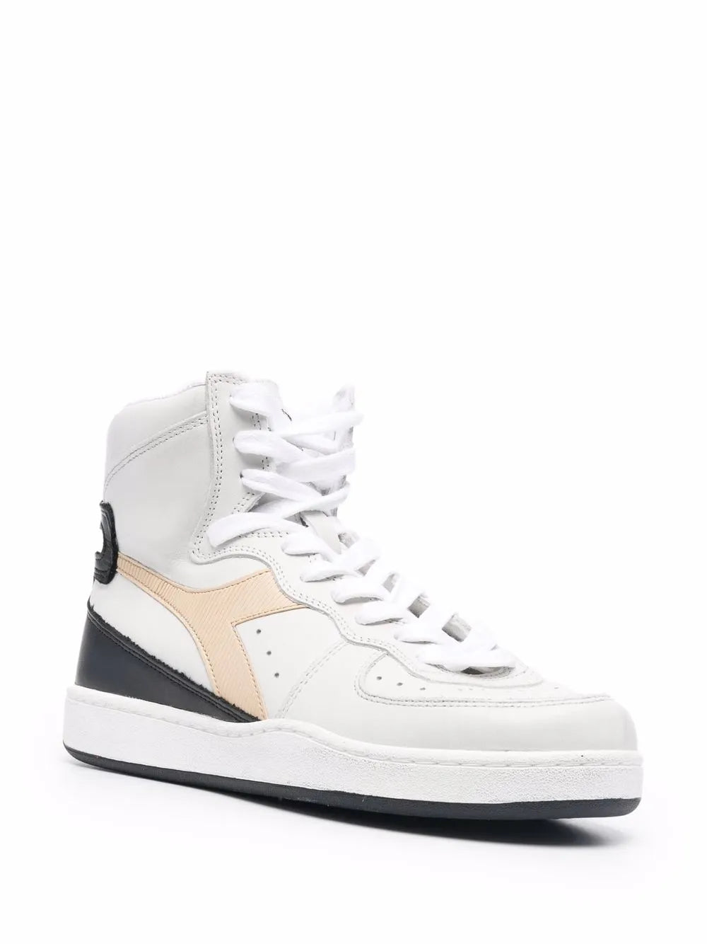 White high-top sneakers with beige stripe panel, black heel accent, and lace-up closure