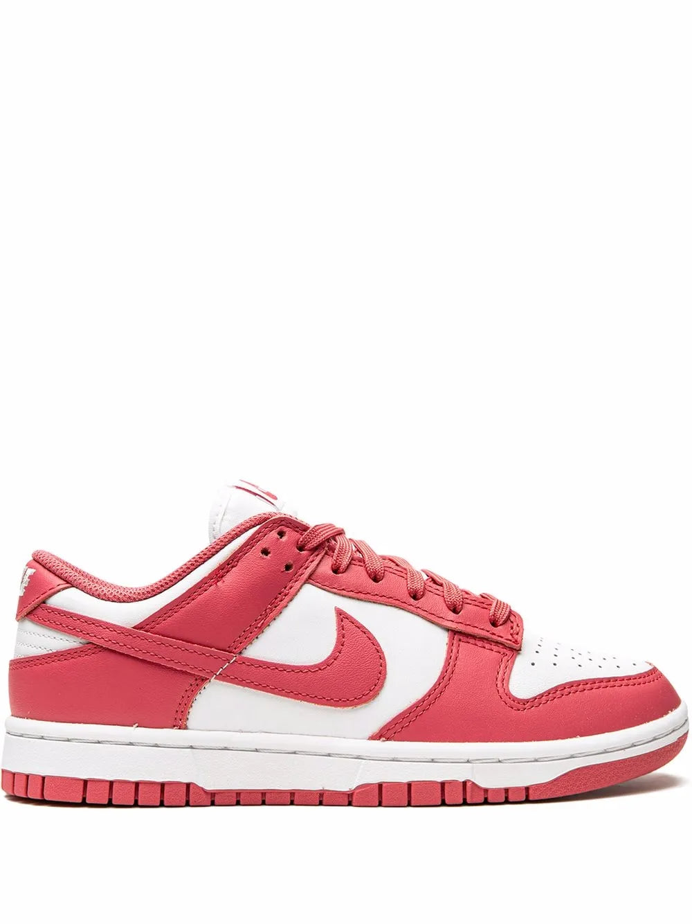Low-top sneakers with white leather panels and red suede overlays, Nike swoosh
