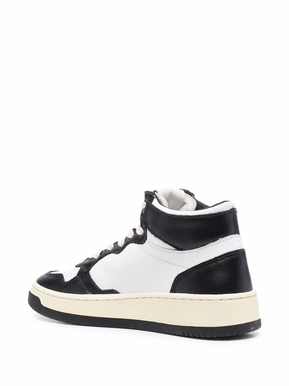 High-top lace-up sneakers, white and black panels with beige edge sole