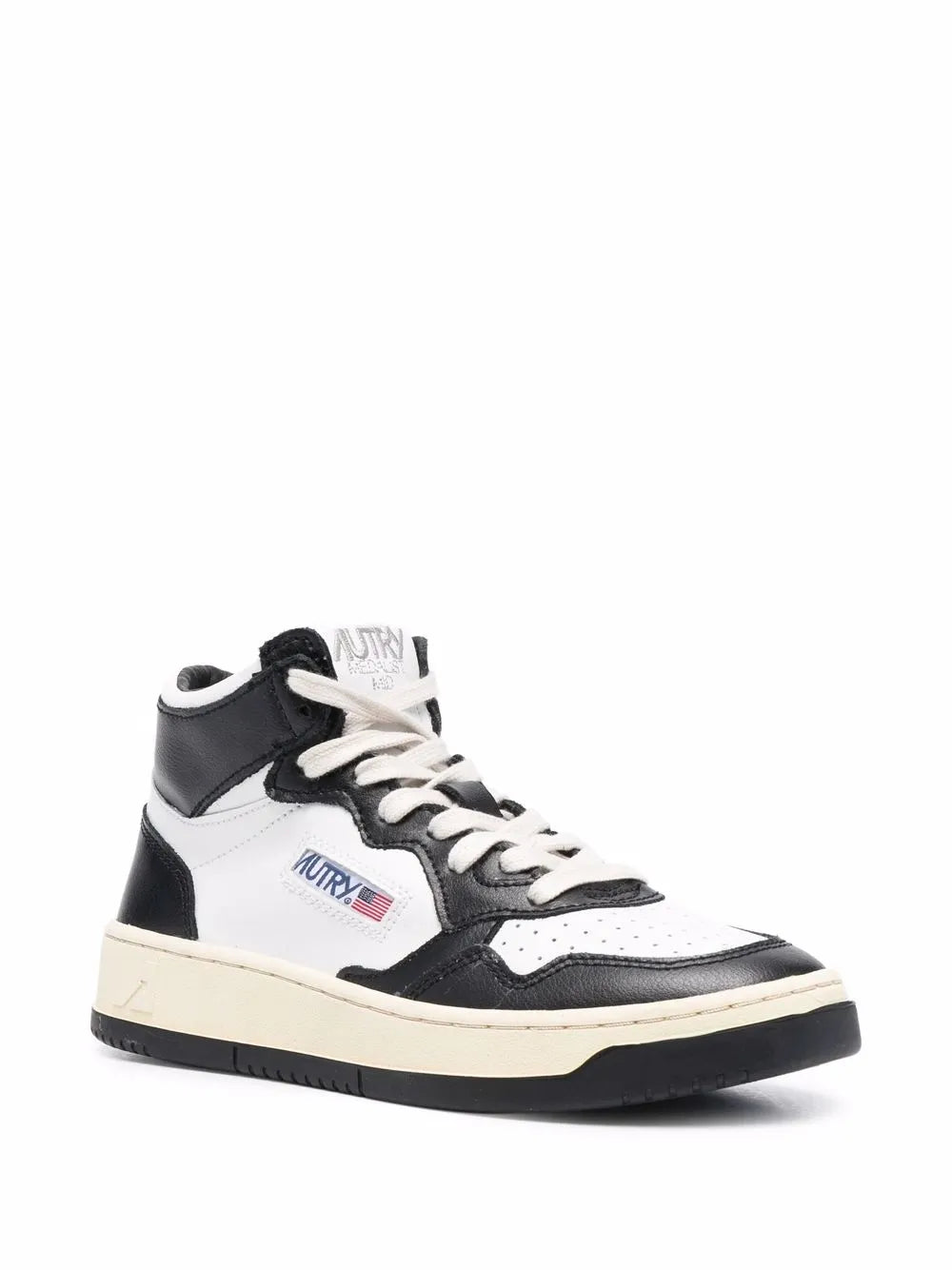 High-top lace-up sneakers, black and white with side logo and beige sole