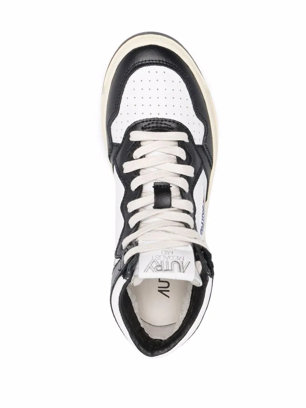 High-top lace-up sneaker, black collar and tongue with white laces and logo