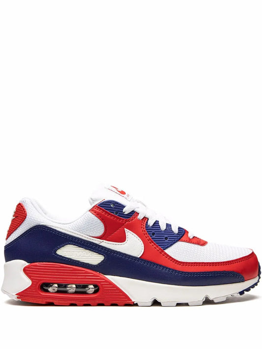 Nike Air Max 90 sneaker, white/red/navy mesh with visible Air window