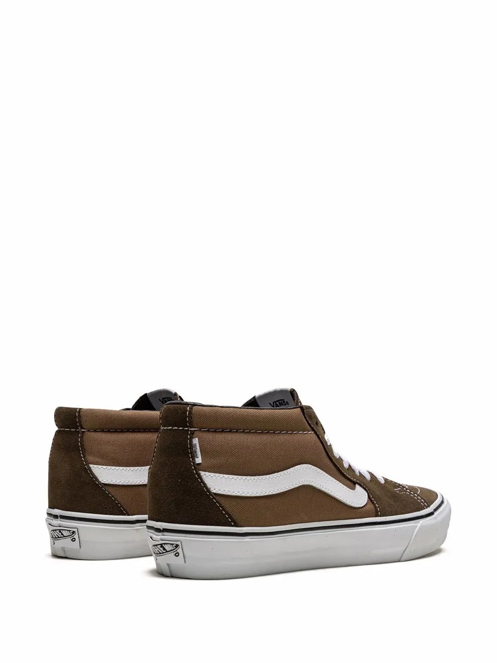 Brown mid-top sneakers, side view with white stripe and lace-up collar padding