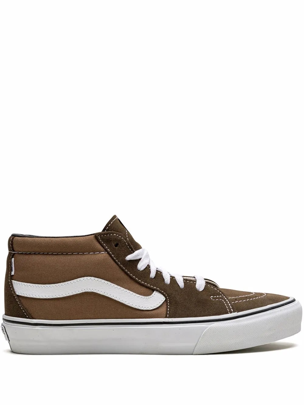 Brown mid-top sneakers with white side stripe, lace-up closure, and white rubber sole