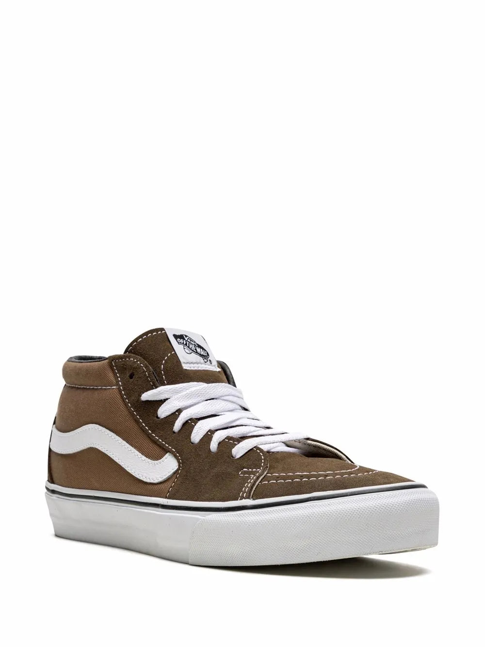 Brown mid-top sneakers with white side stripe, lace-up, and tongue logo patch