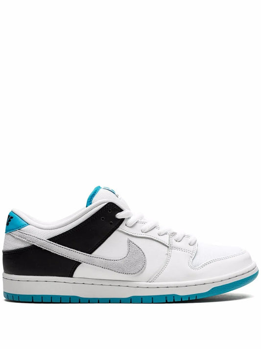 Low-top sneakers in white with black side panel, gray swoosh, teal lace accents.