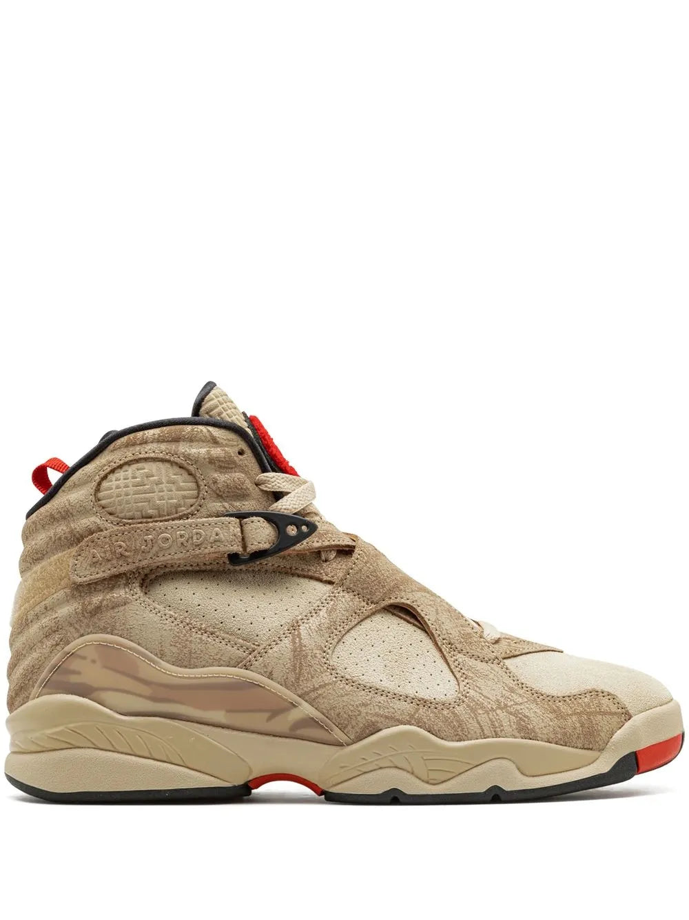 Beige Air Jordan 8 sneakers with red accents and perforated panel details