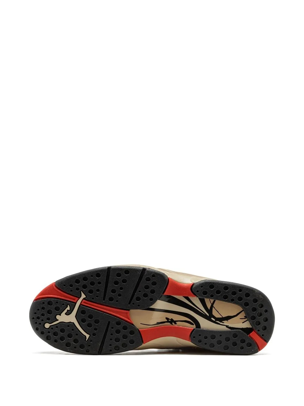Air Jordan 8 outsole with black tread, beige midsole, and red trim
