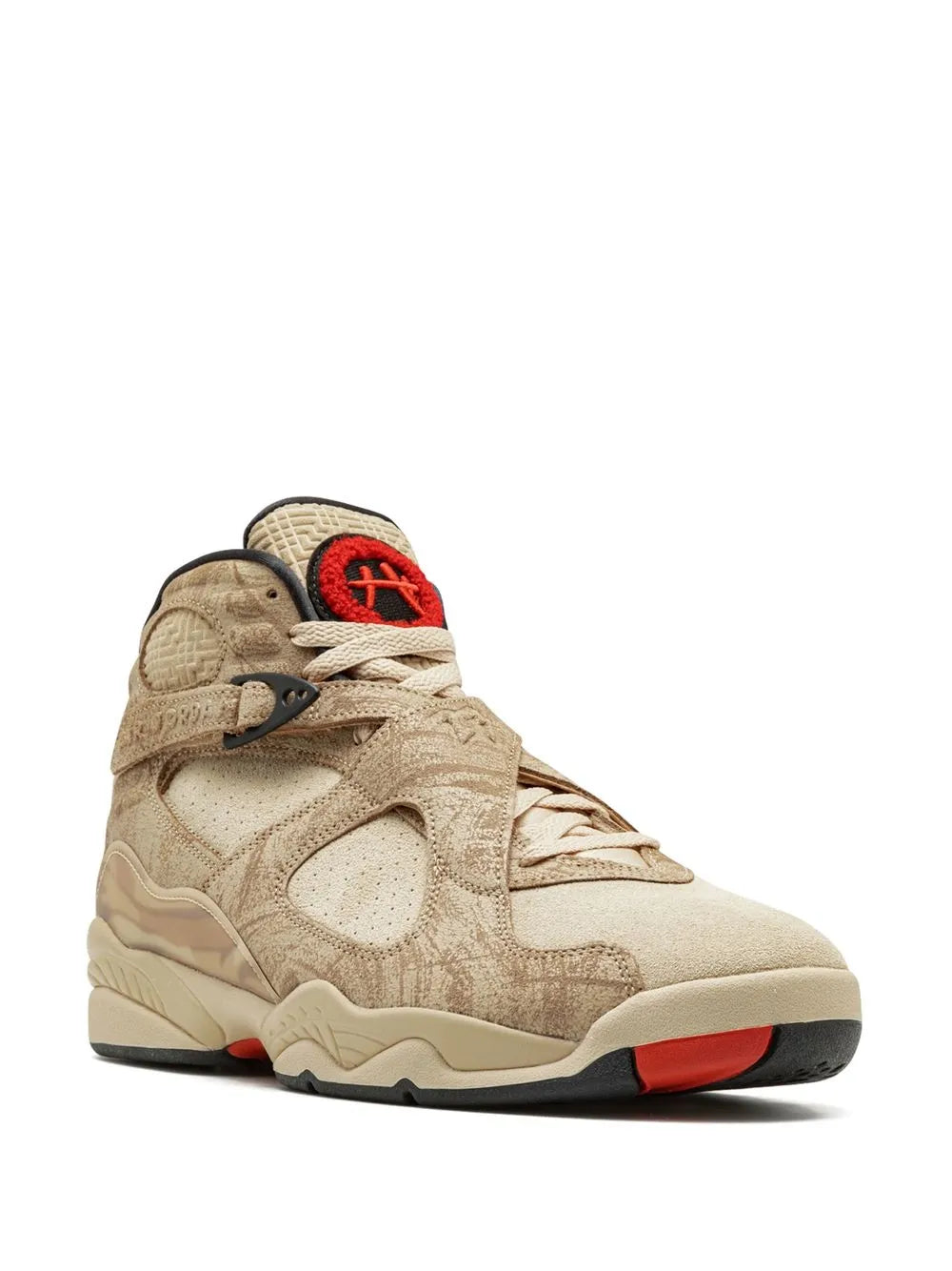 Beige Air Jordan 8 sneakers, suede upper with red heel detail and lace-up