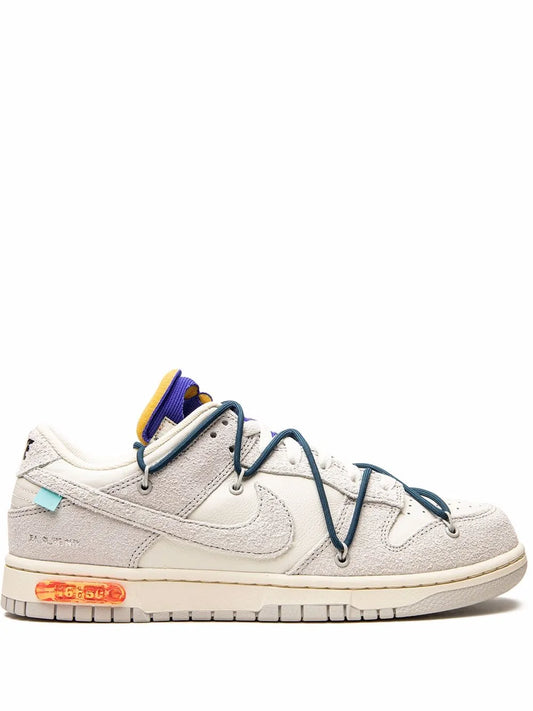 Nike Off-White Dunk Low sneaker, white upper with blue laces and orange outsole tab