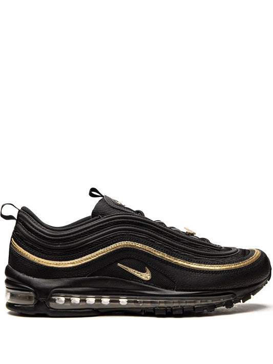 Nike Air Max 97 sneakers in black with gold wave trim and visible air-cushion sole