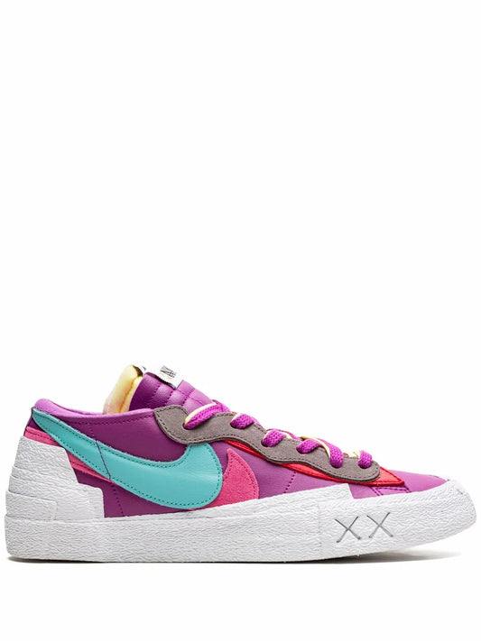 Purple-pink low-top sneaker with teal swoosh and white rubber sole