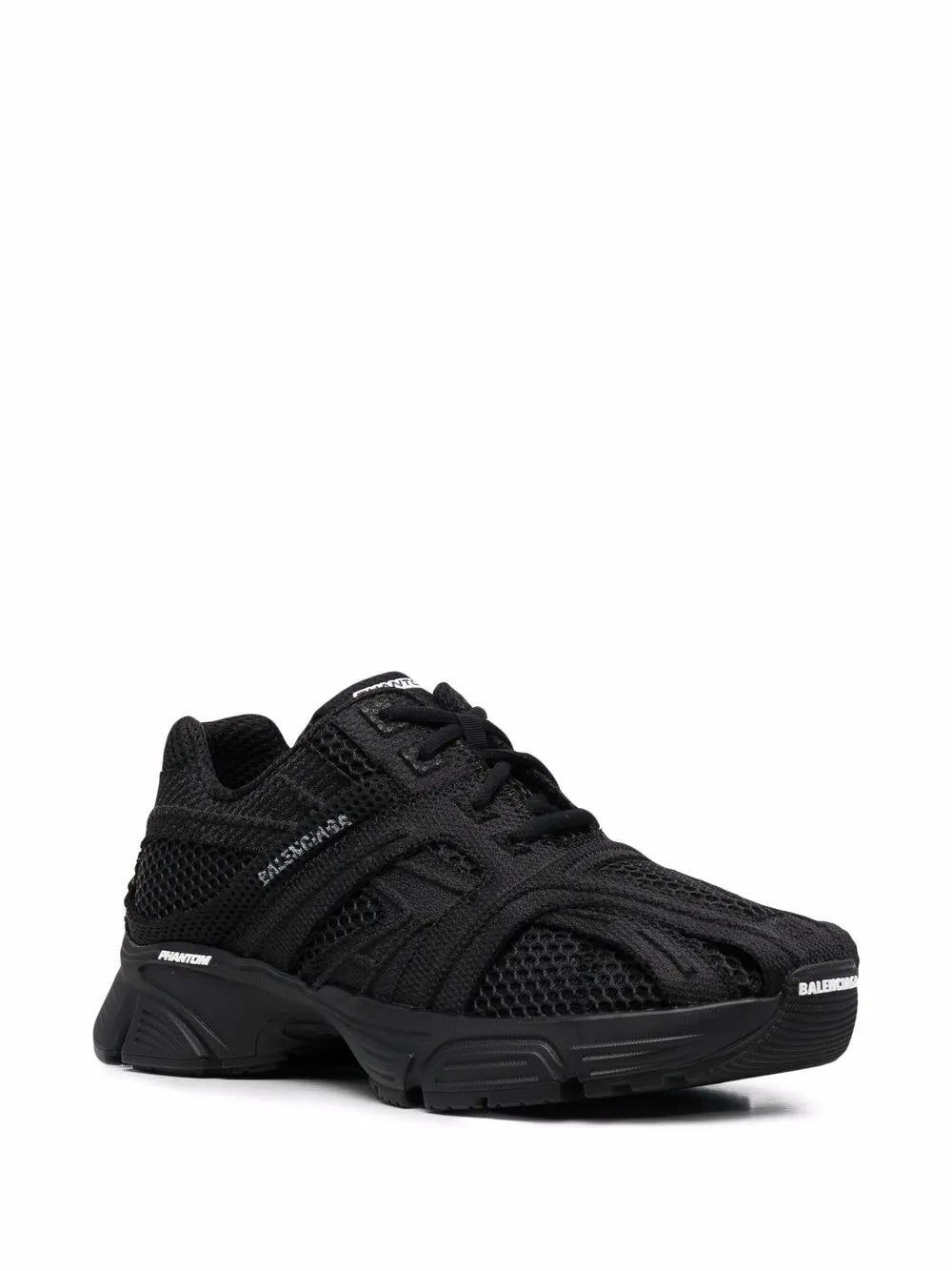 Black lace-up low-top sneaker with mesh panels and thick rubber outsole