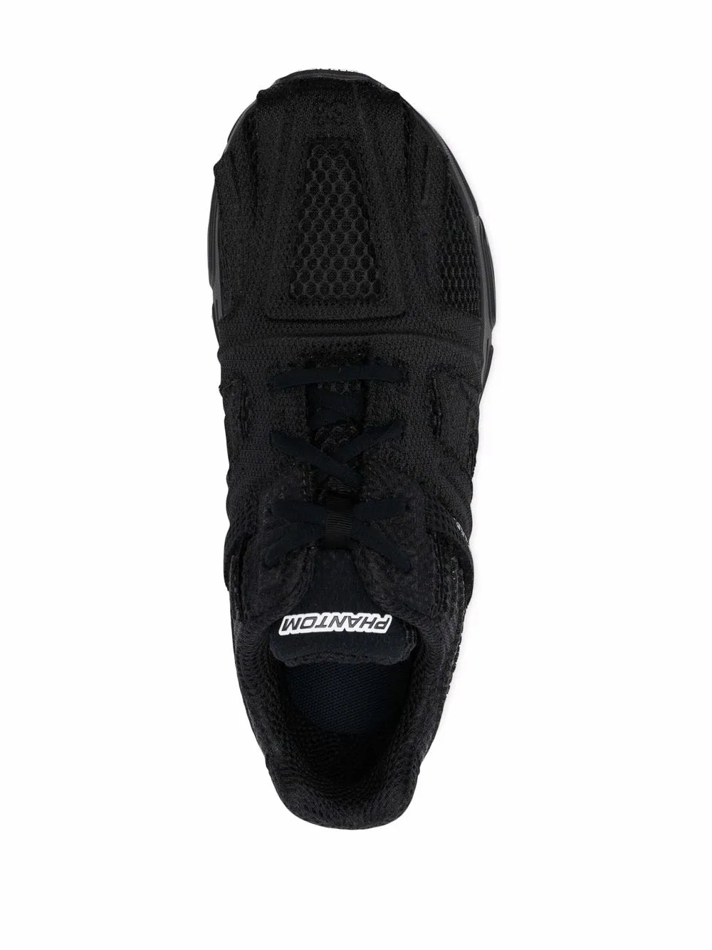 Black low-top sneaker toe view with mesh upper and lace details
