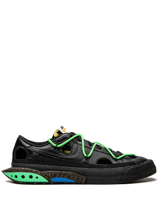 Black low-top Nike Off-White Blazer sneakers with neon green laces and blue accents