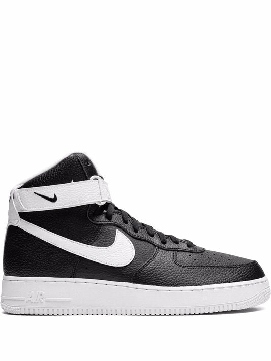 Nike high-top sneaker in black with white swoosh, laces, and Air midsole