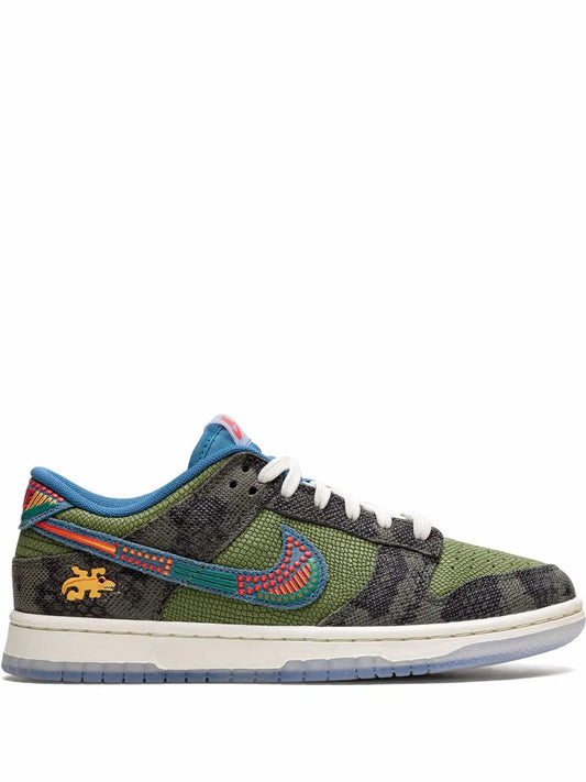 Nike Dunk Low low-top sneakers, blue heel and white laces, multicolor logo accents
