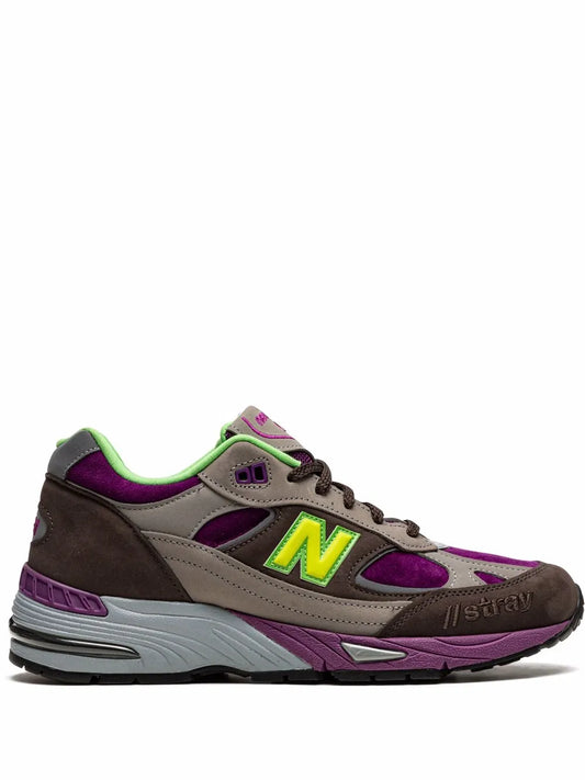 Brown/gray/purple 991 sneakers with neon green N logo, lace-up